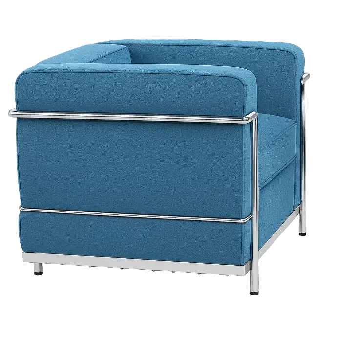 LC2 armchair reproduction in cashmere blend, blue — back view with chrome rails