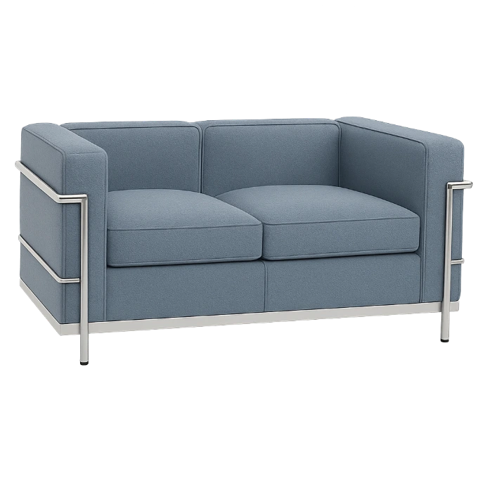 LC2 two-seat sofa reproduction in cashmere blend, gray with polished steel frame